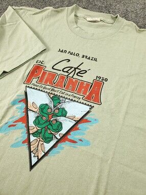Vintage 80s Cafe Piranha T Shirt San Palo Brazil Graphic Tee Funny Weird Humor